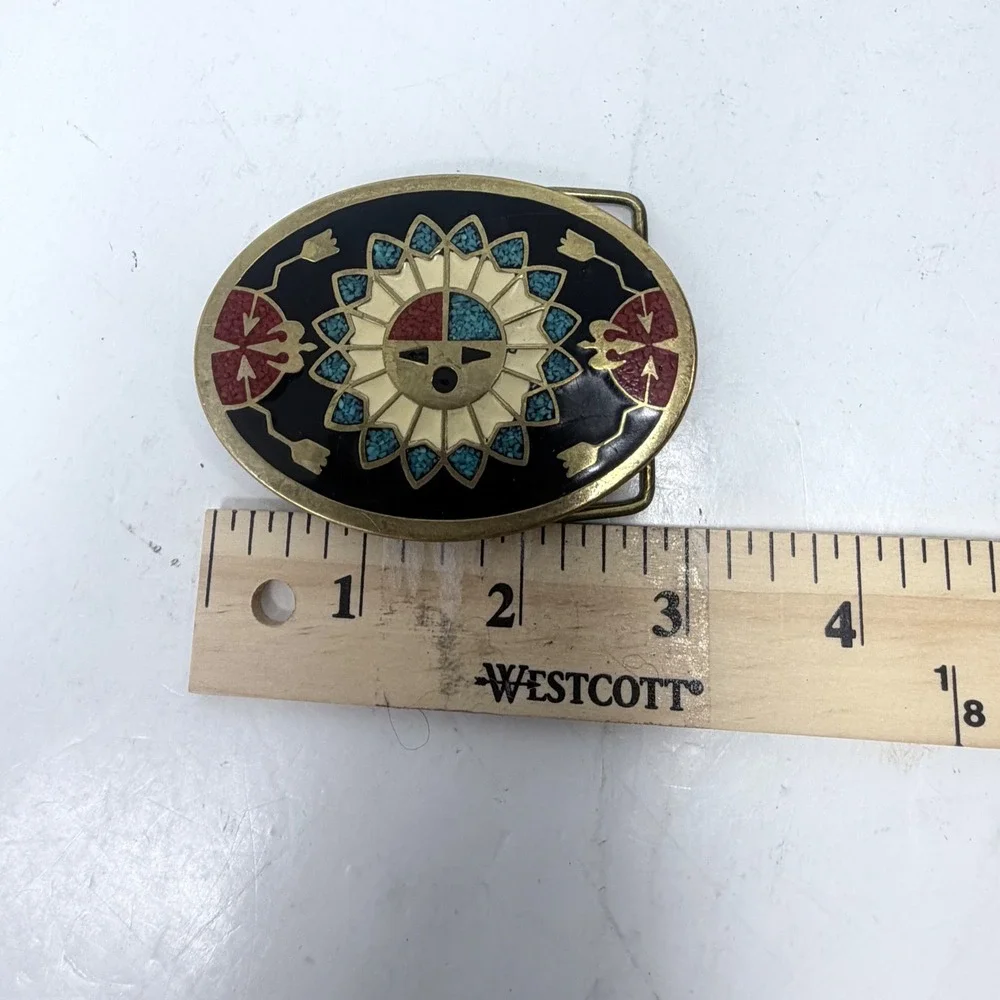 Vtg 1983 SSI Zuni Sunface Belt Buckle Brass Enamel Inlay Southwestern Boho